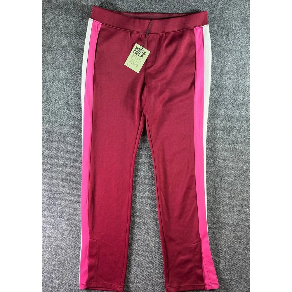 Pam & Gela Track Pants Womens Medium Burgundy Pink Stripe New Athleisure Joggers